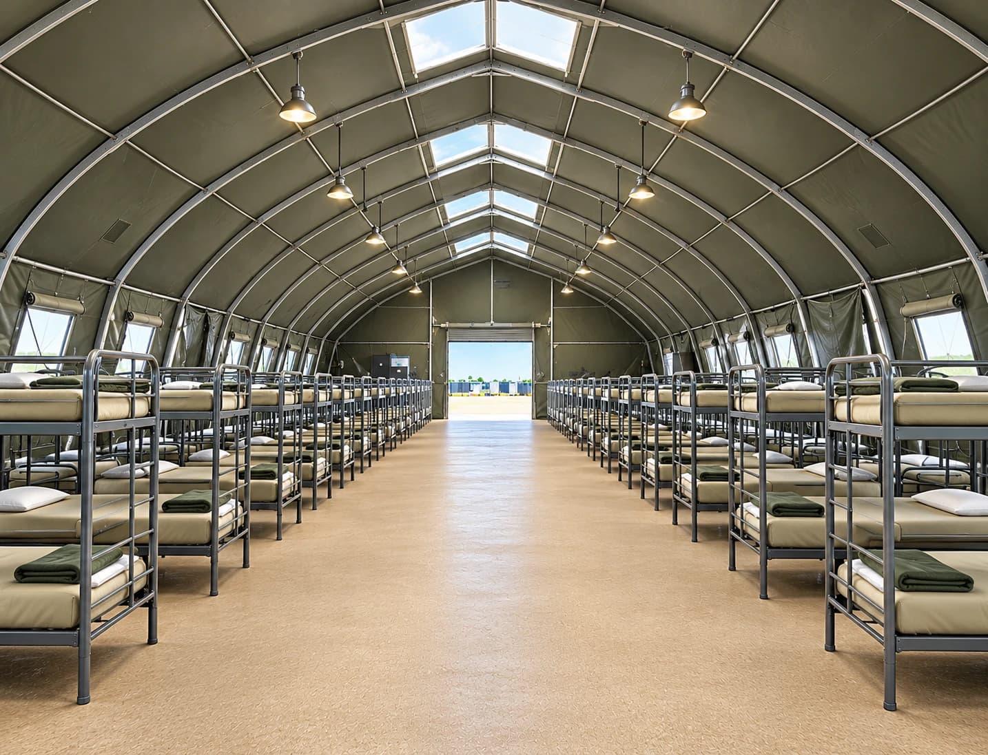 Large bunk bed sleeping facility interior for a temporary camp
