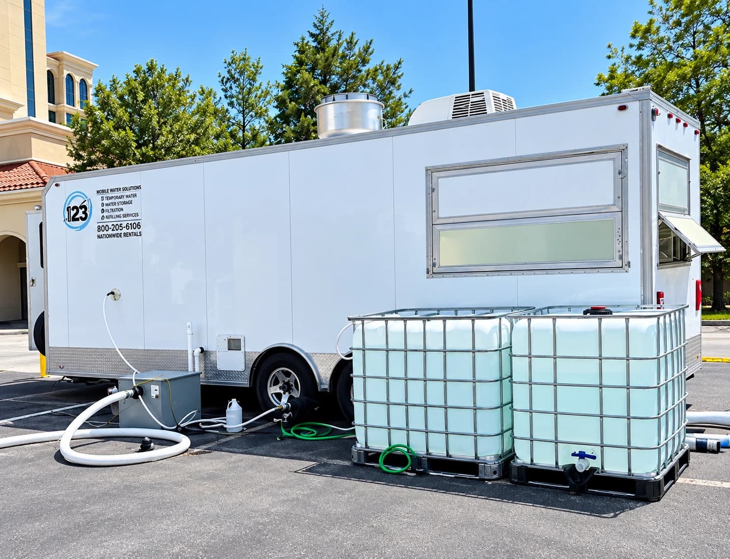 Temporary water storage tanks on a mobile water trailer
